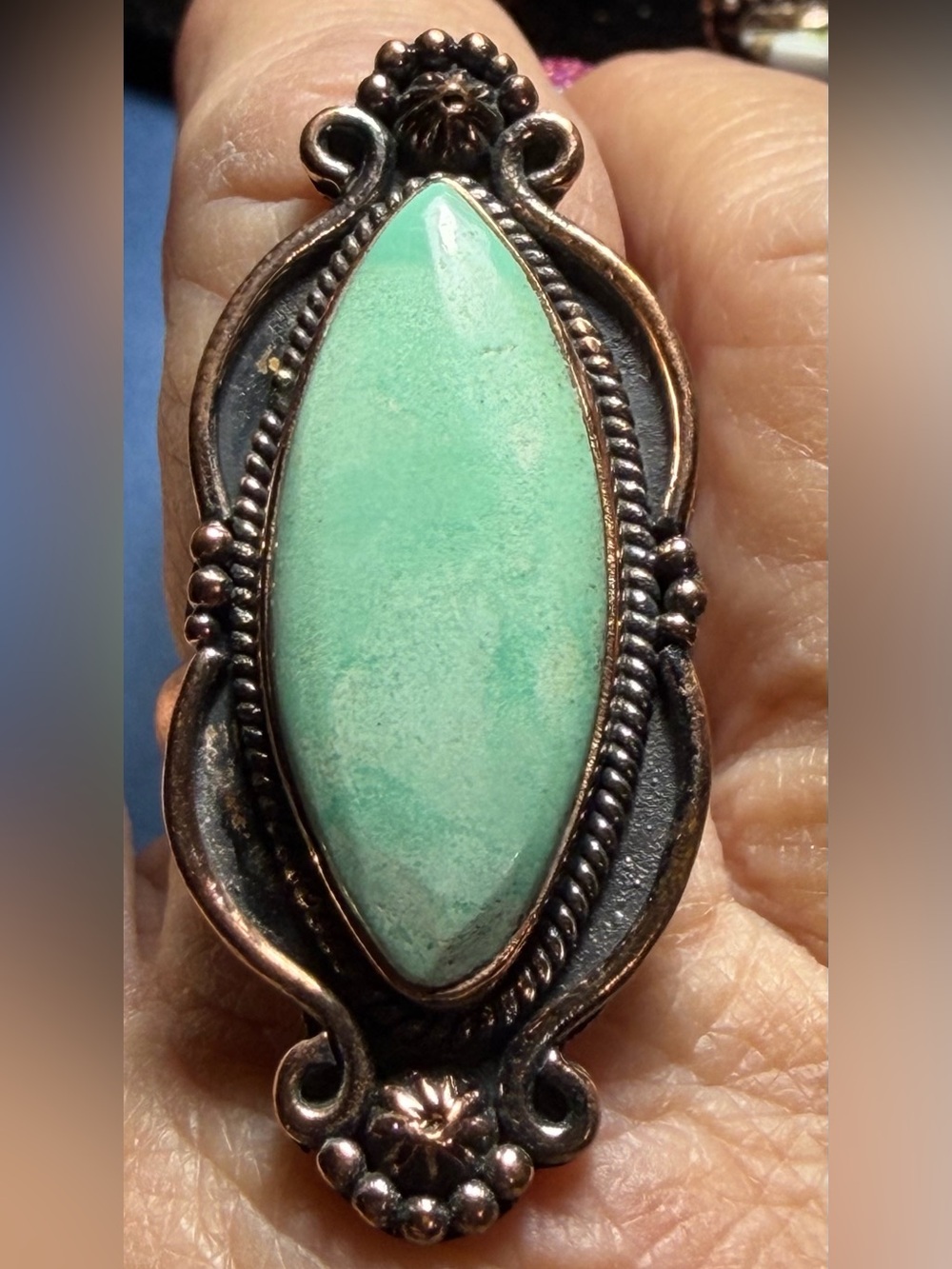 Boho Statement Variscite Ring – Oversized Copper Adjustable Ring – 1 3/4” Long